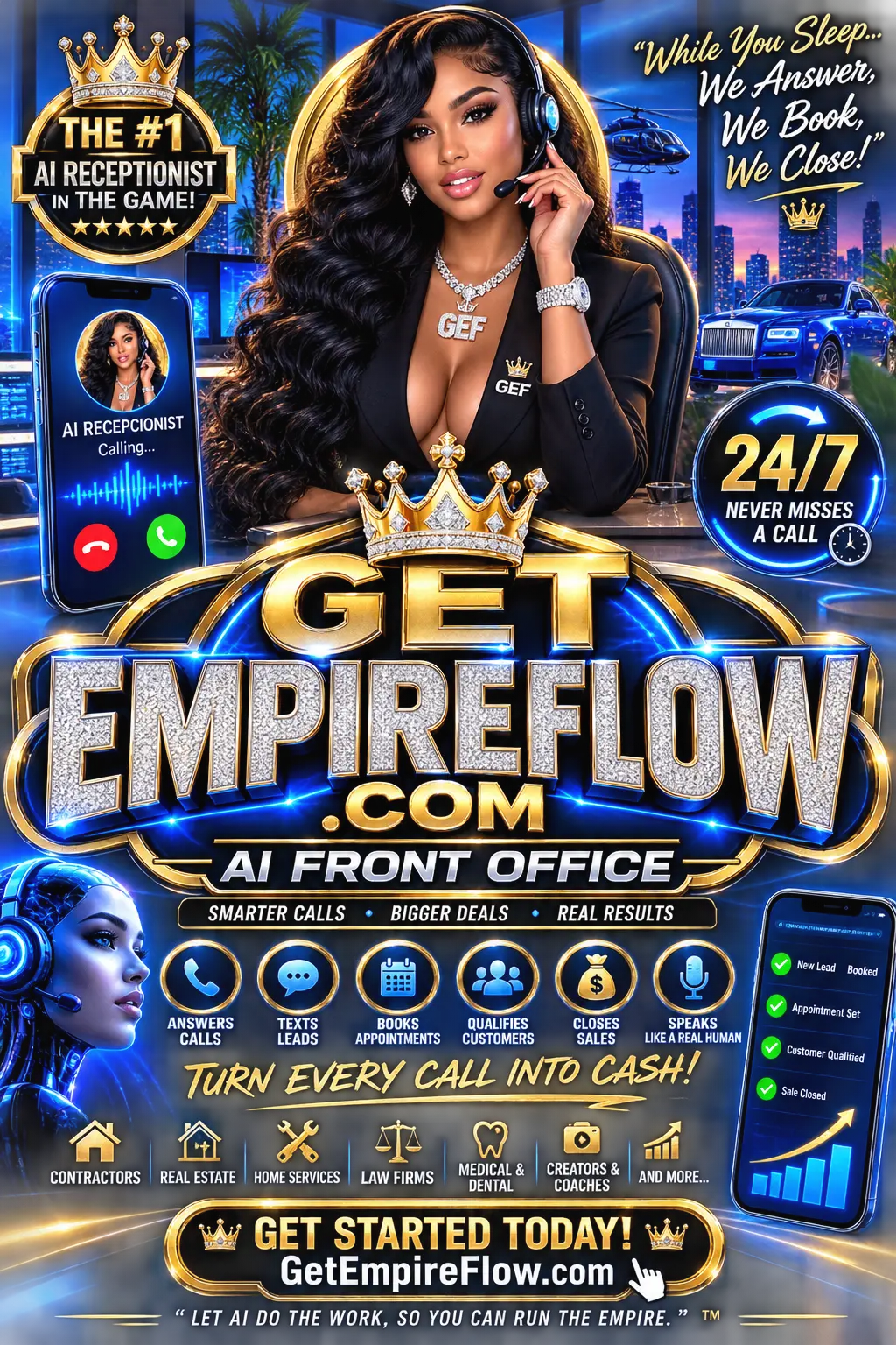 Get Empire Flow AI Front Office marketing graphic showing a professional AI receptionist and luxury branding